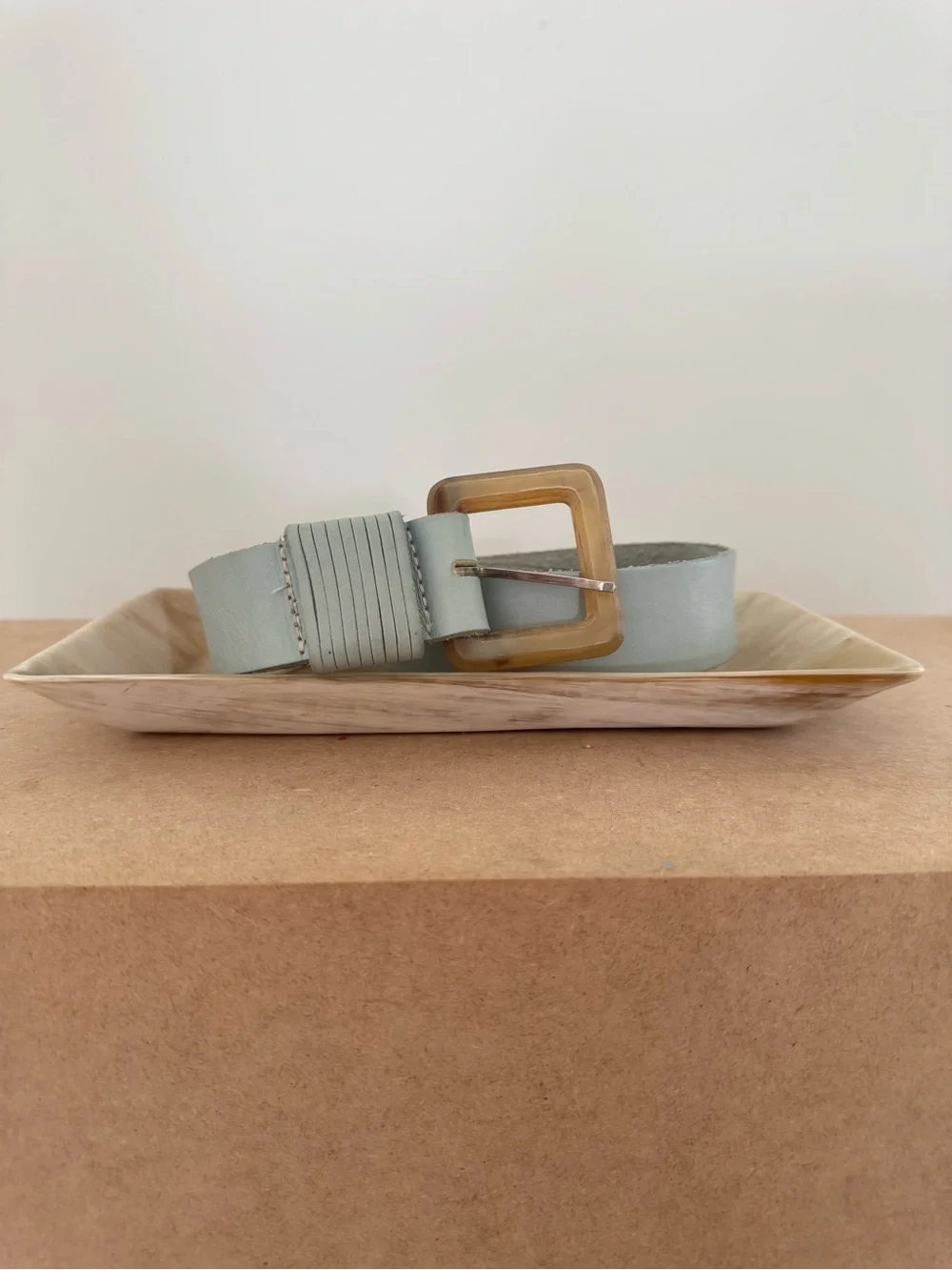 ⁠CALVIN KLEIN Vintage Leather Statement Belt Pastel Blue Carved Horn Buckle S